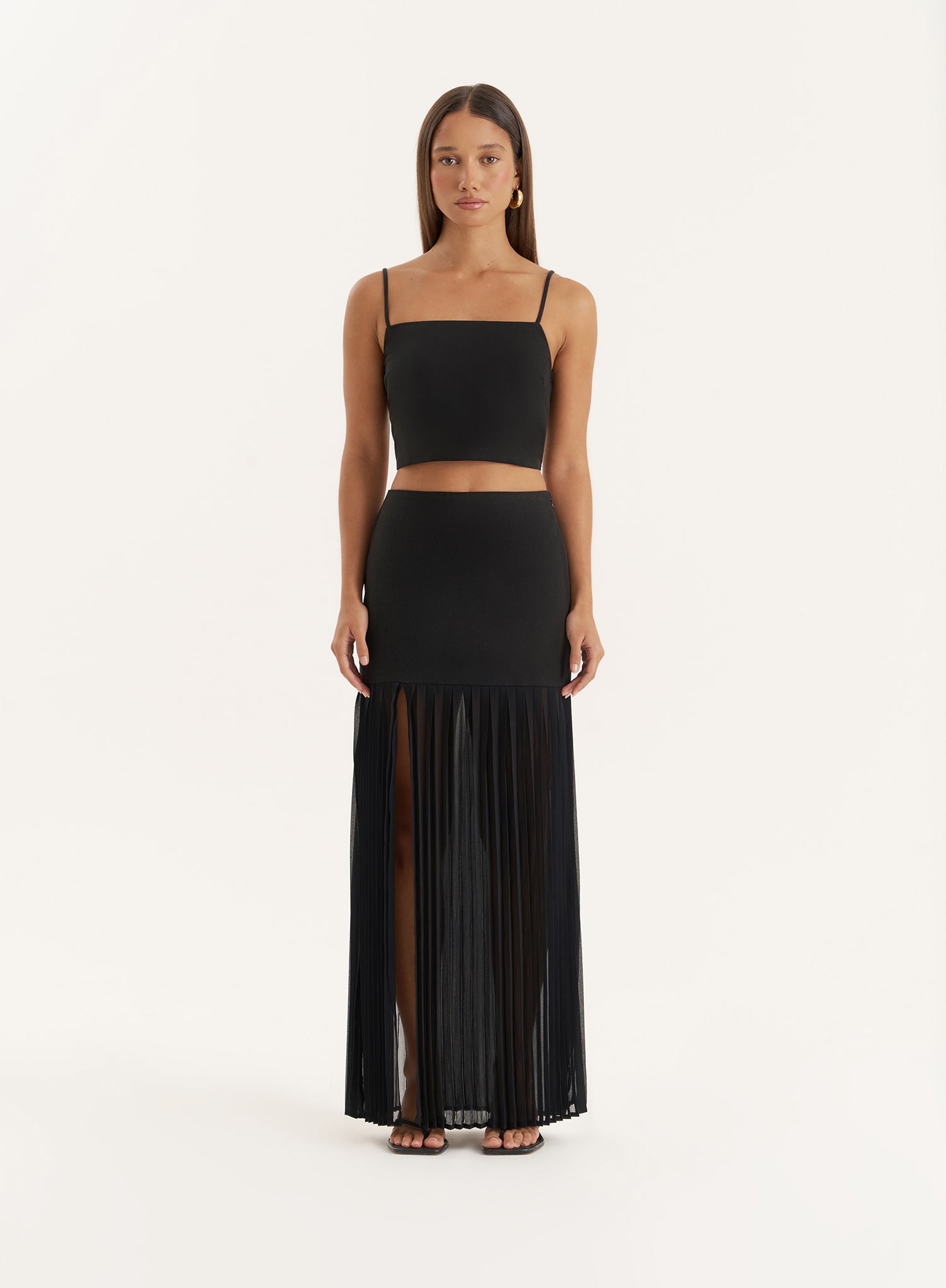 Black Side Split Pleated Maxi Skirt